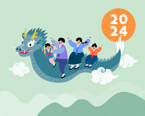 Korea Lunar New Year 2024, Family Riding Asian Dragon in Traditional Hanbok