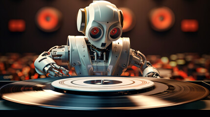 Ai music composer or generator with robot with vinyl - obrazy, fototapety, plakaty