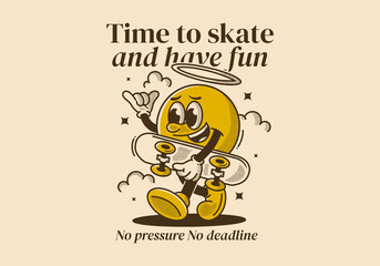 Time to skate and have fun. Walking ball head character holding a skate board