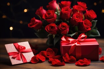 Gift box and bouquet of red roses. Romantic love background. Happy Valentine's Day.
