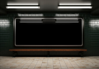Obraz premium Billboard on dark green underground wall mockup. Large panoramic frame in subway station. Generative Ai