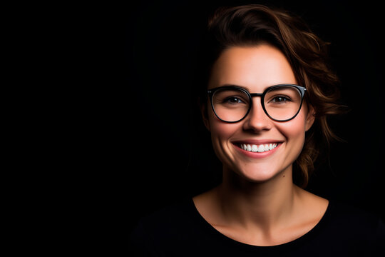 smiling European woman in her 30s. black background