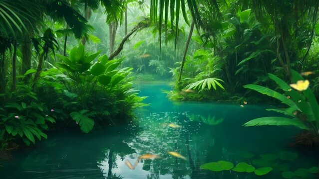 tropical forest with pond, seamless looping video animated background	