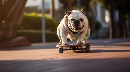 Foto auf Leinwand An english bulldog riding a skateboard on the street © Flowal93