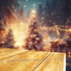 Naklejka na ściany i meble Retro old table background of empty space for your decoration. Magic christmas time and winter landscape of mountains. Natural light and cold december day. Blurred background of trees cover of snow. 