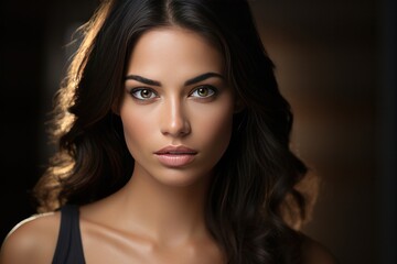 Fototapeta premium Portrait of young woman with striking eyes in soft lighting. Beauty and skincare.