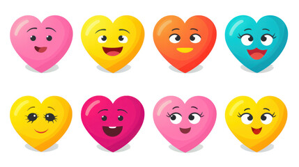 Fototapeta premium Collection of different heart emojis with a face, illustration, isolated or white background