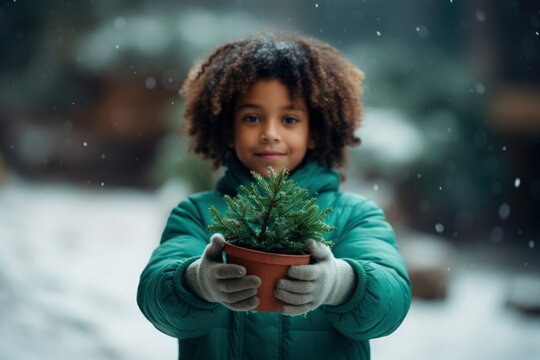 child holding recycling symbol in winter. Generative ai