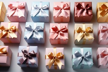 Gifts with bows and ribbons placed on a background with space for text. Generative IA