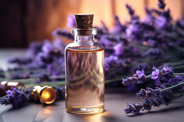 Obraz na płótnie Canvas Lavender oil in a bottle, lavender flowers on background