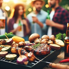 Photo of barbecue grill with tasty food meat potatoes mushrooms eggplant. On blurred background groups of friends - obrazy, fototapety, plakaty