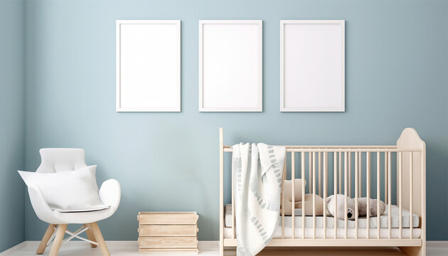 Cozy light blue nursery interior. Scandinavian interior design with wooden cabinet, a lot of plush and wooden toys. Stylish and cute childroom decor. Mockup poster frame on wall. Copy space. Template.