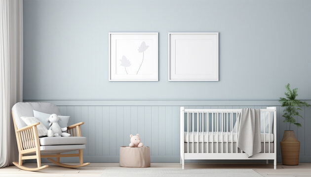 Cozy light blue nursery interior. Scandinavian interior design with wooden cabinet, a lot of plush and wooden toys. Stylish and cute childroom decor. Mockup poster frame on wall. Copy space. Template.