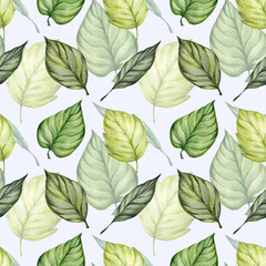 Fototapeta na wymiar Watercolor seamless pattern with green leaves. Botanical print, natural twigs and greenery. Design and design of wrapping paper, textiles, stationery. Theme of ecology, conservation of nature.
