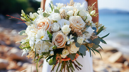 Beautiful wedding bouquet in the hands of the bride on the background of the sea. Generative AI technology