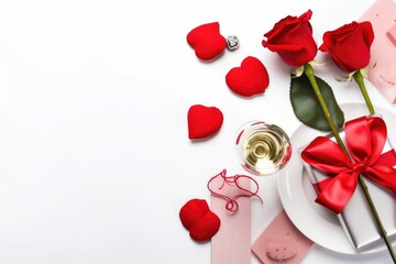 Fototapeta na wymiar Bouquet of red roses and hearts on white background. Valentine's day, banner format. Place for text.