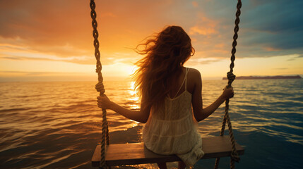 Happy young woman on wooden swing near water sunset - Powered by Adobe