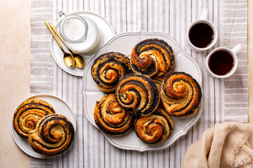 Top view of baked homemade poppy seeds buns, eastern European classic sweet yeast dough, swirl...