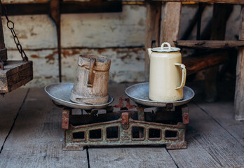 Vintage balance on wood background