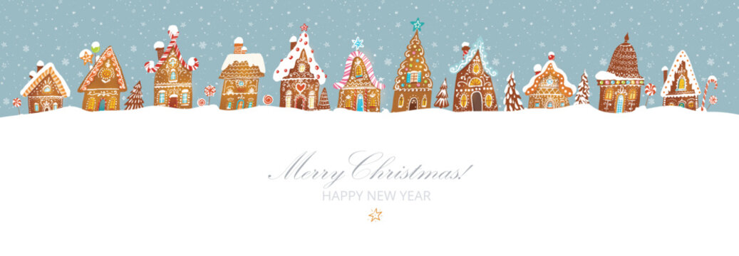 Christmas greeting card with cute gingerbread houses on mint color background with snowflakes. Vector illustration with christmas village and snowfall
