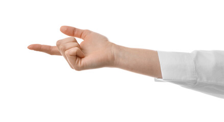 Woman pointing with index finger on white background, closeup. Responsibility concept