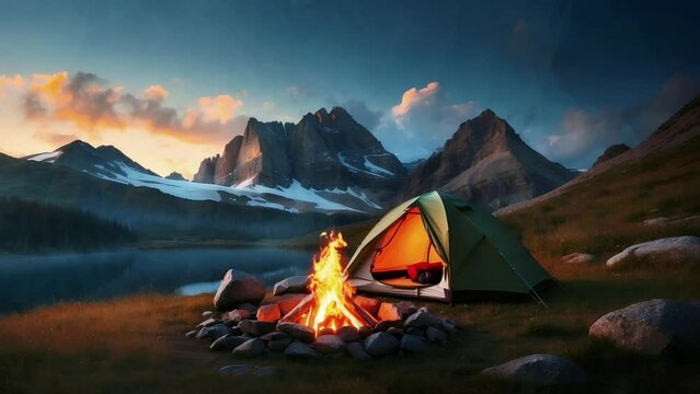 camping in the mountains, camping and campfires in the mountains at night.  camping animation video