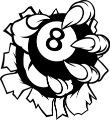 A monster or animal claw or talon hand with claws or talons holding a pool billiards black 8 ball.