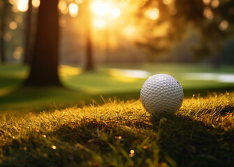 The white golf ball is positioned in a high green grass, one of the obstacles to golf. - obrazy, fototapety, plakaty