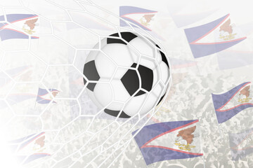 National Football team of American Samoa scored goal. Ball in goal net, while football supporters are waving the American Samoa flag in the background.