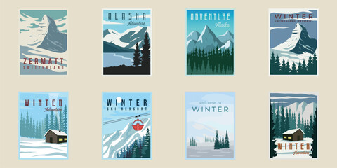 set of winter and mountain poster vector illustration template graphic design. bundle collection of various landscape nature on snow for travel business or adventure concept - obrazy, fototapety, plakaty