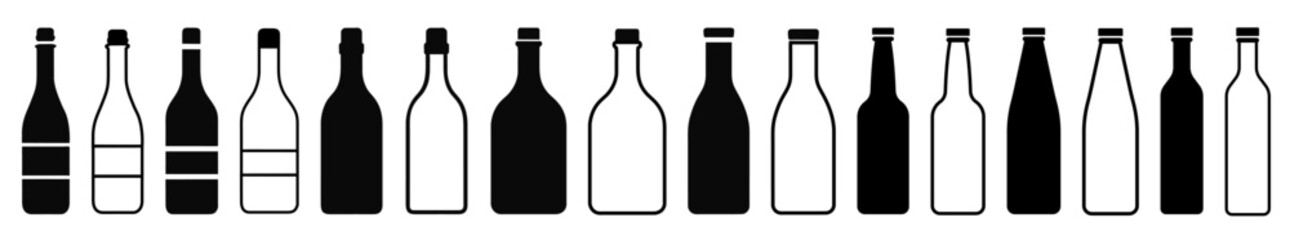 Set of silhouettes and outlines of  bottles. Black silhouette of a vessel for various types of drinks. 