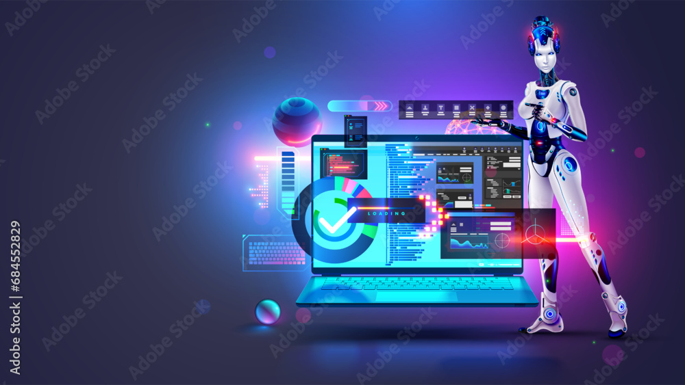 Fototapete Software development with help AI. Coding or programming app artificial intelligence online chat bot. Automatization Create Software develop. Robot or cyborg woman with AI teaching coding on laptop.