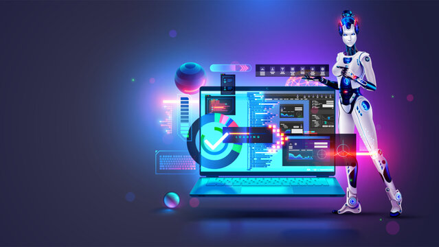 Software development with help AI. Coding or programming app artificial intelligence online chat bot. Automatization Create Software develop. Robot or cyborg woman with AI teaching coding on laptop.