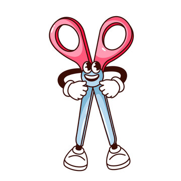 recommend clip art: Groovy school scissors character vector illustration. Cartoon isolated stationery retro sticker, funny mascot with happy smile on face, scissors emoji with pink plastic handles and metal blades
