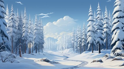 Peaceful Winter Wonderland in Snowy Forest - obrazy, fototapety, plakaty