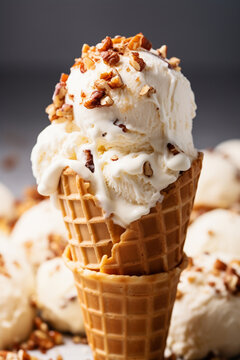 Creamy Delight: Indulgent Butter Pecan Ice Cream in Waffle Cones