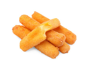 Pile of tasty fried mozzarella sticks isolated on white