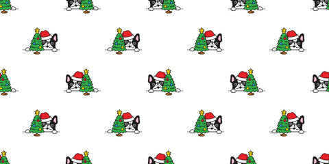 dog seamless pattern french bulldog Christmas tree scarf Santa Claus hat vector puppy pet doodle cartoon gift wrapping paper tile background repeat wallpaper illustration scarf isolated design