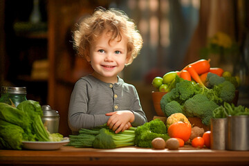 Fototapeta premium A small child sits at the table in front of him vegetables, broccoli, carrots, tomatoes, cabbage