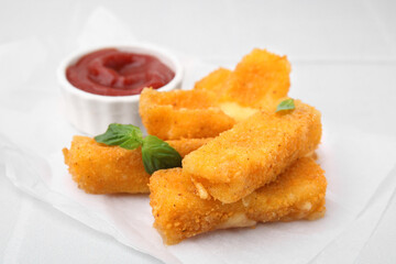 Tasty fried mozzarella sticks with basil leaves and ketchup on white table, closeup