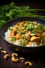 Flavorful Delicacy: Chicken and Cashew Curry Over Rice, Garnished with Cilantro and Green Onion
