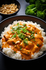 Flavorful Delicacy: Chicken and Cashew Curry Over Rice, Garnished with Cilantro and Green Onion