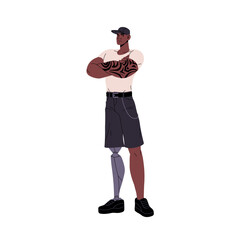 Strong man with athletic, sporty tattoo figure. Disabled guy with robotic, bionic leg prosthesis standing, cross muscular arms. Inclusive body. Flat isolated vector illustration on white background