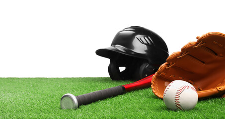 Baseball bat, ball, batting helmet and glove on artificial grass against white background, space for text