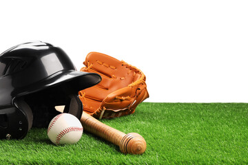 Baseball bat, ball, batting helmet and glove on artificial grass against white background, space for text