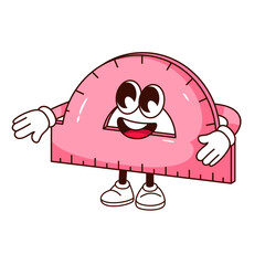Groovy protractor character vector illustration. Cartoon isolated funny retro school stationery sticker, pink ruler and tool for study math and measure angles in geometry class, protractor mascot
