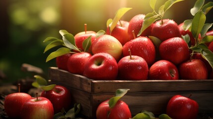 Naklejka na ściany i meble Ripe red organic apples in a grassy garden under an apple tree In an old wooden crate With copyspace for text