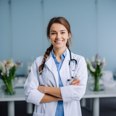 Beautiful smiling female doctor standing in white coat in hospital