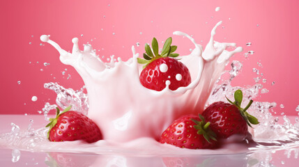 Milk splash with strawberries. Sweet dessert cream. Milkshake concept. Generative AI