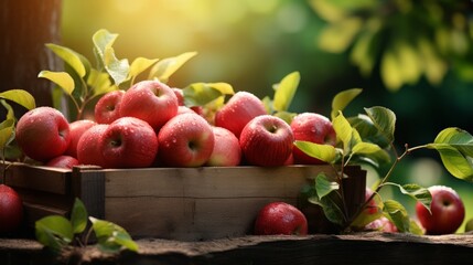 Ripe red organic apples in a grassy garden under an apple tree In an old wooden crate With copyspace for text